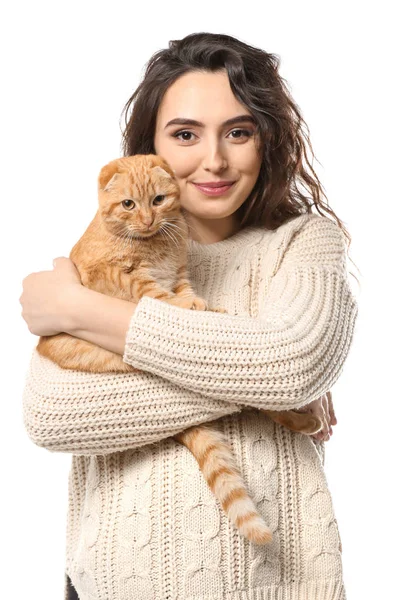 Young Woman Her Cute Funny Cat White Background — Stock Photo, Image