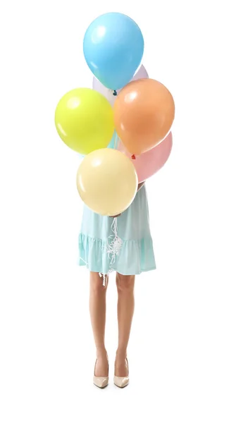 Mulher Bonita Com Balões Fundo Branco — Fotografia de Stock