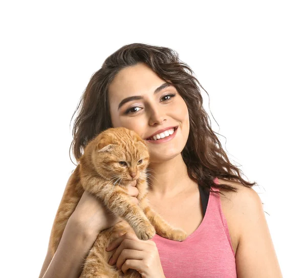 Young Woman Her Cute Funny Cat White Background — Stock Photo, Image
