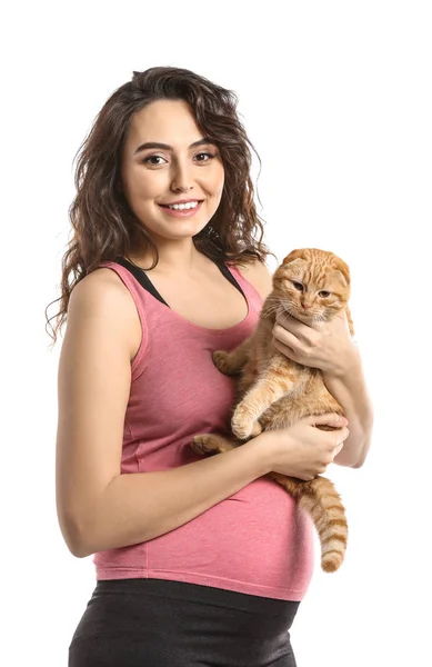 Jeune Femme Enceinte Avec Son Chat Drôle Mignon Sur Fond — Photo