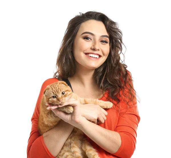 Young Woman Her Cute Funny Cat White Background — Stock Photo, Image