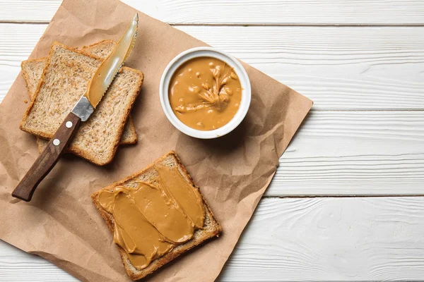 Toasted Bread Tasty Peanut Butter White Wooden Table — Stock Photo, Image