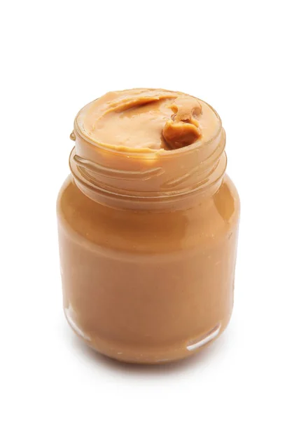 Jar Tasty Peanut Butter White Background — Stock Photo, Image