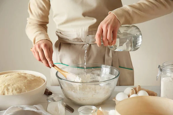 Young Woman Preparing Dough Bread Table — Stock Photo, Image