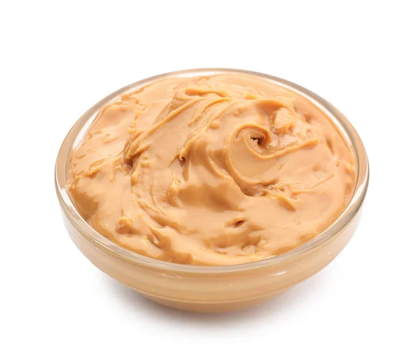 Bowl Tasty Peanut Butter White Background — Stock Photo, Image