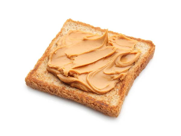 Piece Bread Tasty Peanut Butter White Background — Stock Photo, Image