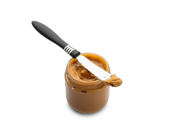 Jar Tasty Peanut Butter White Background — Stock Photo, Image