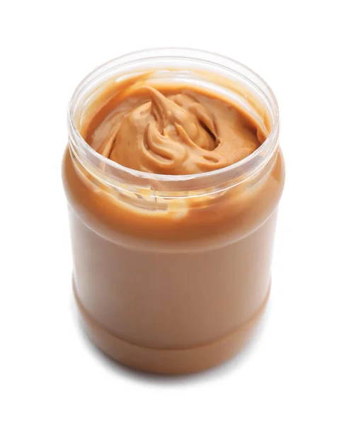 Jar Tasty Peanut Butter White Background — Stock Photo, Image