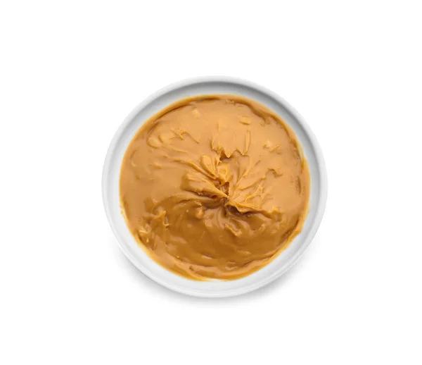 Tigela Com Manteiga Amendoim Saborosa Fundo Branco — Fotografia de Stock