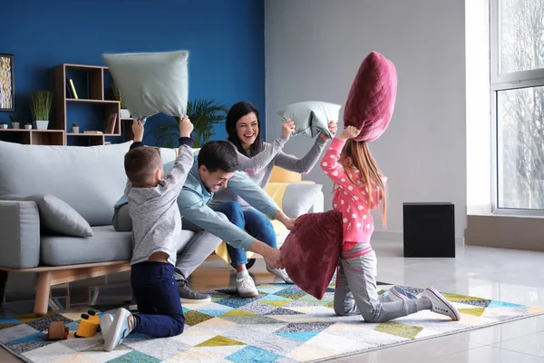 Family Fighting Pillows Home — Stock Photo, Image