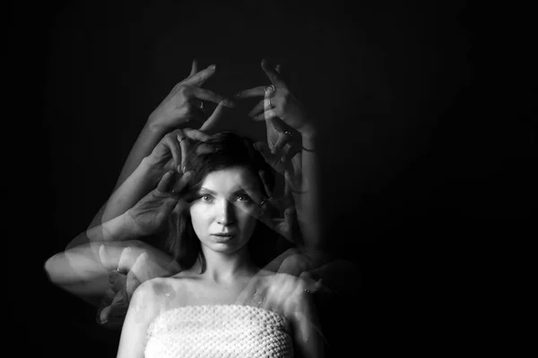 Stroboscopic Photo Young Woman Moving Hands Dark Background — Stock Photo, Image