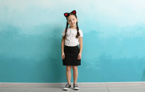 Portrait Stylish Little Girl Color Wall — Stock Photo, Image