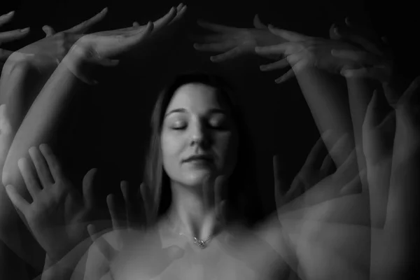 Stroboscopic Photo Young Woman Moving Hands Dark Background — Stock Photo, Image