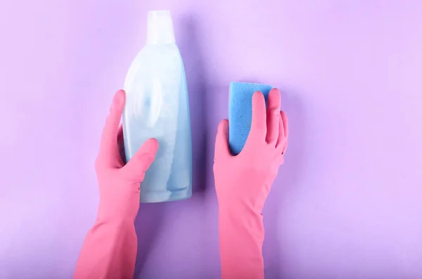 Hands Female Janitor Sponge Detergent Color Background — Stock Photo, Image