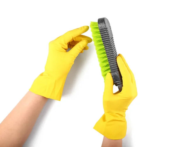 Hands Female Janitor Brush White Background — Stock Photo, Image
