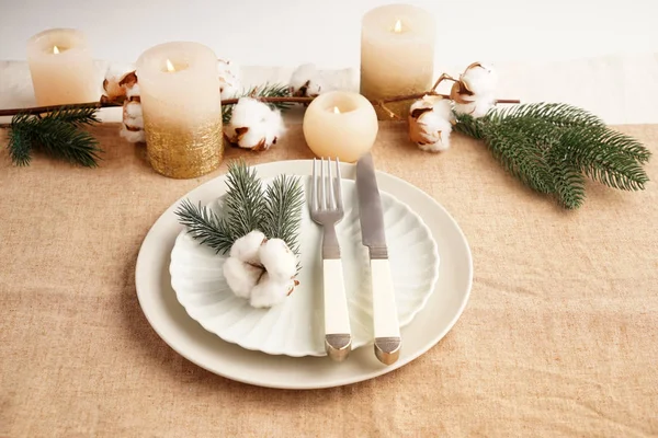 Cenário Mesa Festiva Para Jantar Natal — Fotografia de Stock
