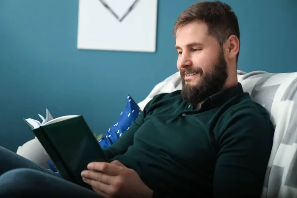 Bearded Man Reading Book Home — Stock Photo, Image