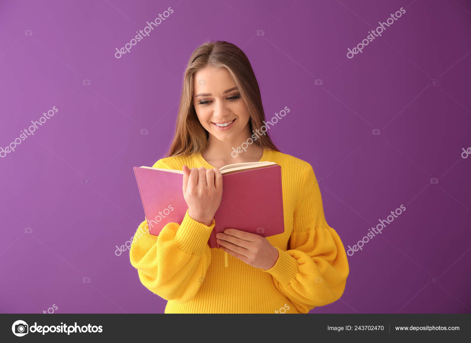 Beautiful Young Woman Book Color Background — Stock Photo © serezniy