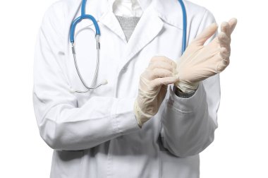 Kadın doktor eldiven beyaz arka plan, closeup karşı koyarak