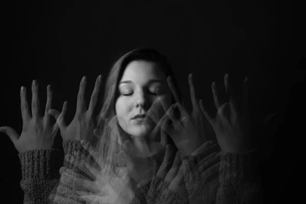 Stroboscopic Photo Young Woman Moving Hands Dark Background — Stock Photo, Image