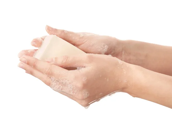 Woman Washing Hands White Background — Stock Photo, Image