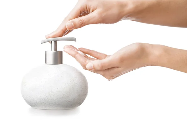 Female Hands Soap Dispenser White Background — Stock Photo, Image