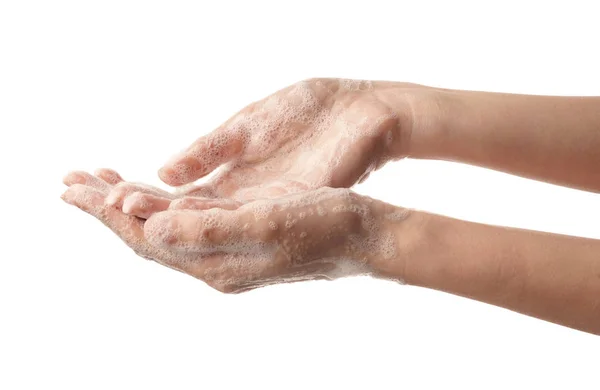 Woman Washing Hands White Background — Stock Photo, Image