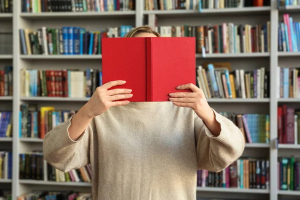 Young Woman Hiding Face Book Modern Library — Stock Photo, Image