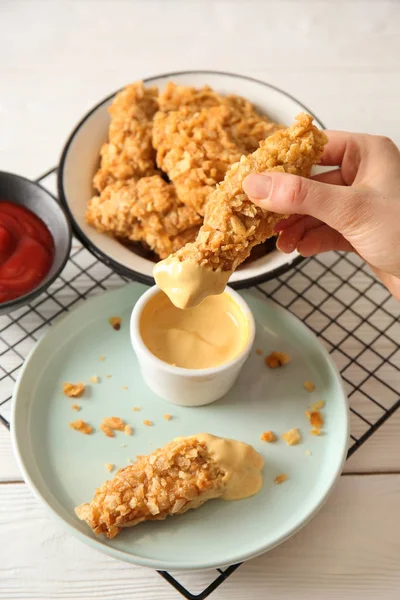 Woman Eating Tasty Nuggets Sauce Closeup — Stock Photo, Image