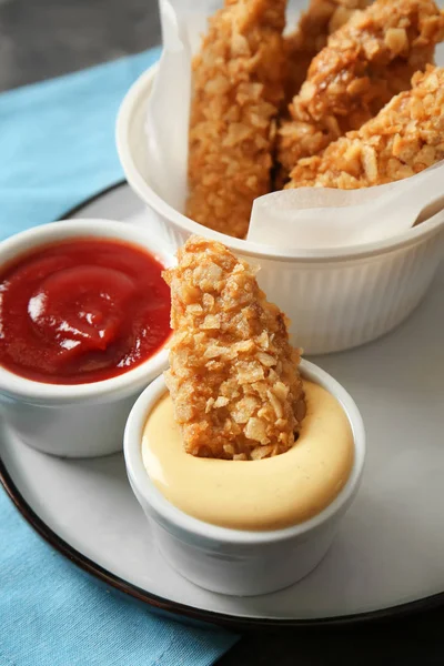 Tasty Nuggets Sauces Table Closeup — Stock Photo, Image