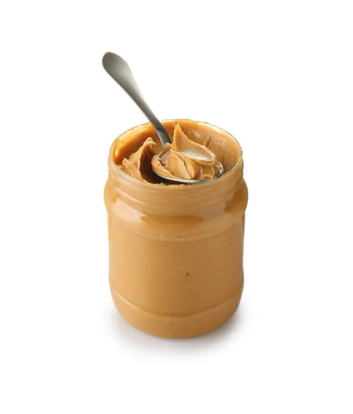 Frasco Colher Com Manteiga Amendoim Saborosa Fundo Branco — Fotografia de Stock