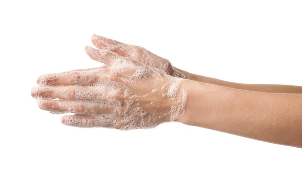 Woman Washing Hands White Background — Stock Photo, Image