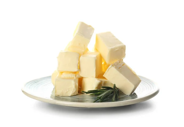 Prato Com Pedaços Manteiga Sobre Fundo Branco — Fotografia de Stock