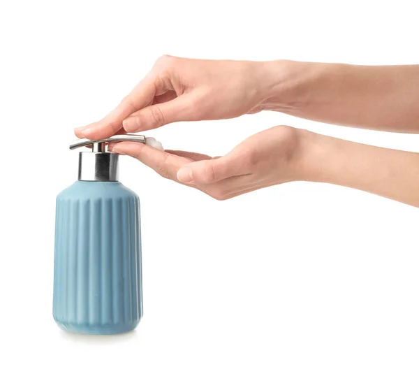 Γυναικεία Χέρια Σαπούνι Dispenser Λευκό Φόντο — Φωτογραφία Αρχείου