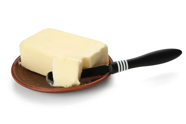 Plate Butter Knife White Background — Stock Photo, Image