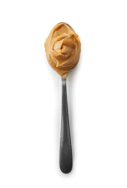 Spoon Tasty Peanut Butter White Background — Stock Photo, Image
