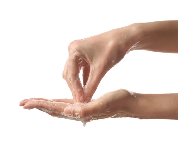 Vrouw Wassen Handen Witte Achtergrond — Stockfoto