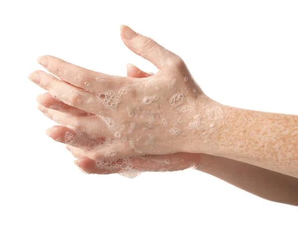 Woman Washing Hands White Background — Stock Photo, Image