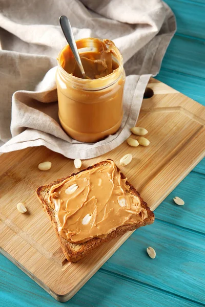 Toasted Bread Tasty Peanut Butter Wooden Table — Stock Photo, Image