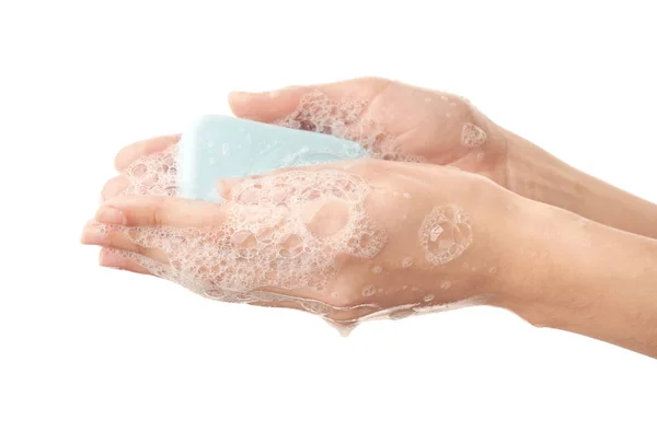 Woman Washing Hands White Background — Stock Photo, Image