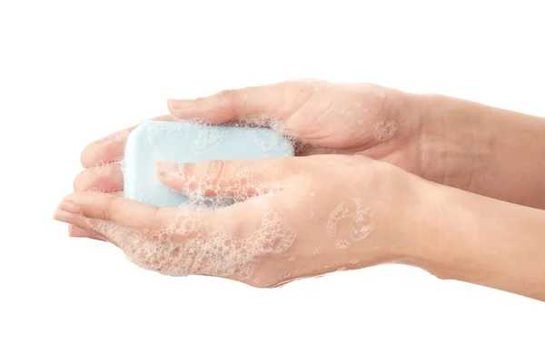 Mulher Lavar Mãos Sobre Fundo Branco — Fotografia de Stock