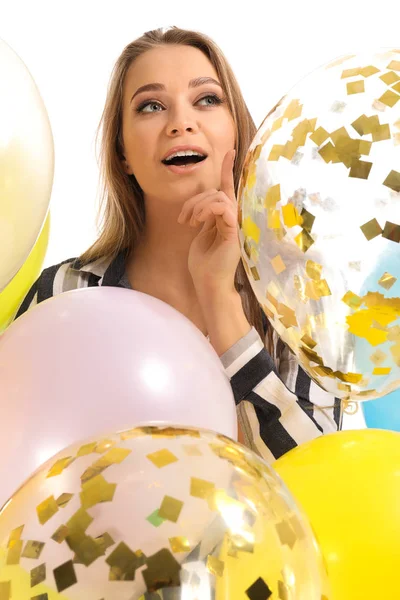 Beautiful Young Woman Balloons White Background — Stock Photo, Image