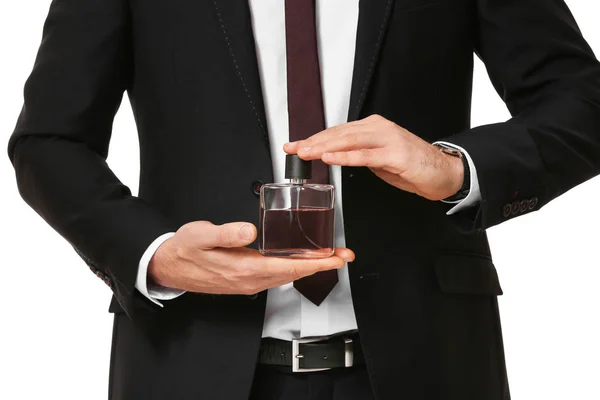 Handsome Businessman Bottle Perfume White Background Closeup — Stock Photo, Image