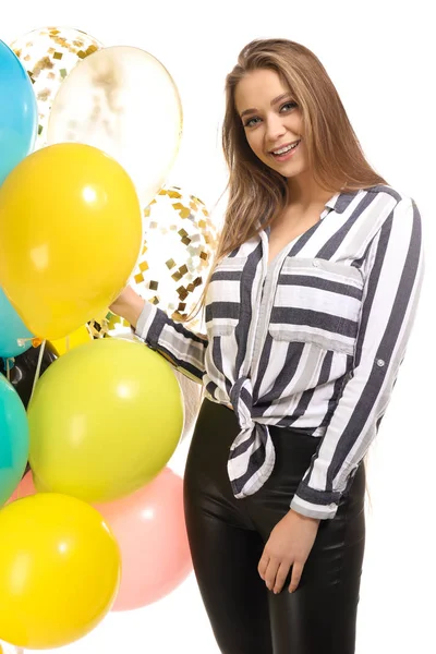 Beautiful Young Woman Balloons White Background — Stock Photo, Image