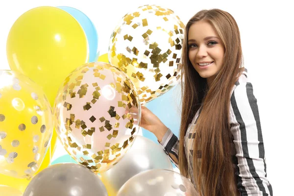 Hermosa Joven Con Globos Sobre Fondo Blanco — Foto de Stock