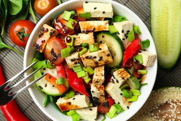 Healthy Salad Tasty Tofu Cheese Bowl Table — Stock Photo, Image