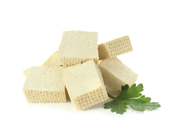 Corte Queijo Tofu Fundo Branco — Fotografia de Stock