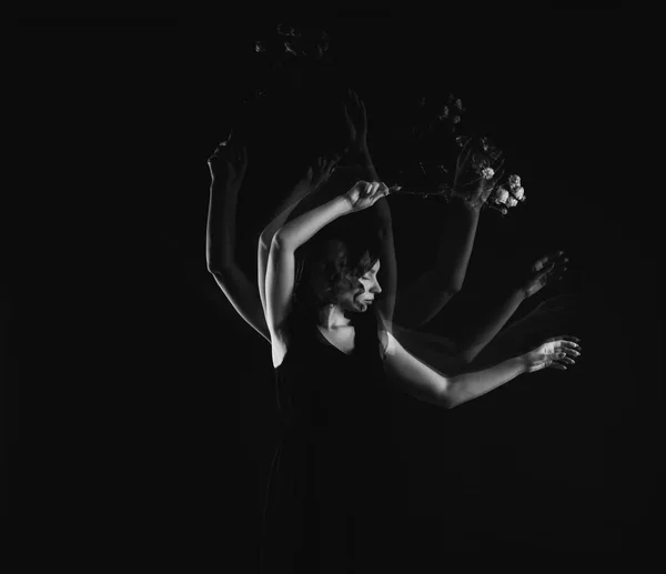 Stroboscopic Photo Beautiful Moving Young Woman Dark Background — Stock Photo, Image