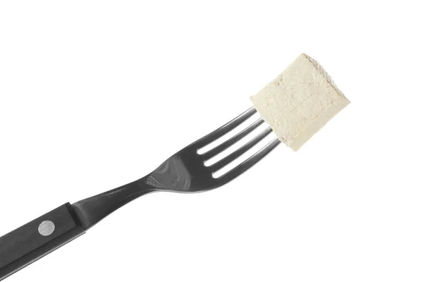 Vidlice Chutná Tofu Sýrem Bílém Pozadí — Stock fotografie