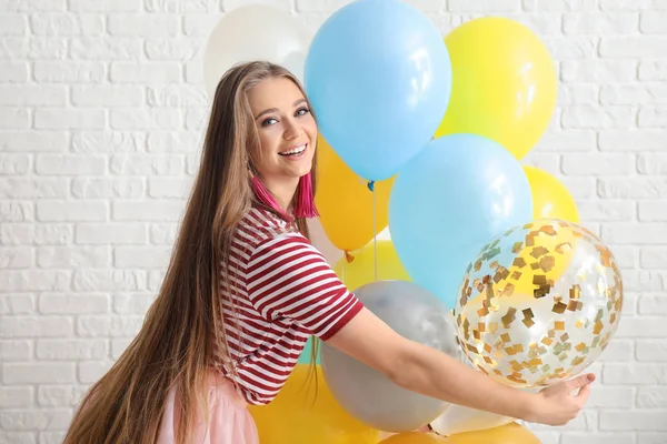 Beautiful Young Woman Balloons White Brick Wall — Stock Photo, Image